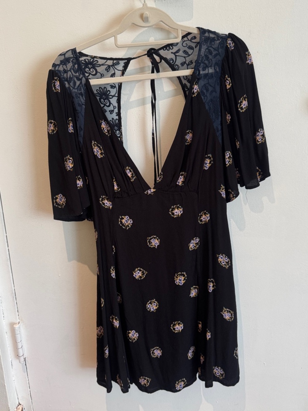 Free People Black Floral V-Neck Short Dress with Tie Back